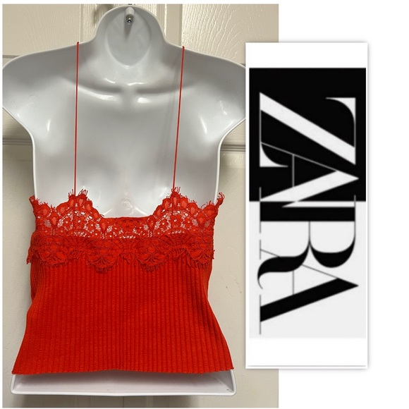 Zara Red Intense Lace Ribbed Cropped Top - Picture 3 of 10